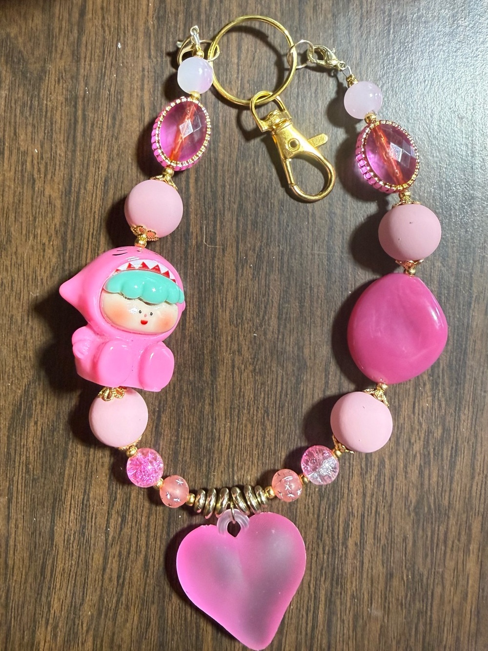 Pink Heart Charm Beaded Keychain with Cute Character